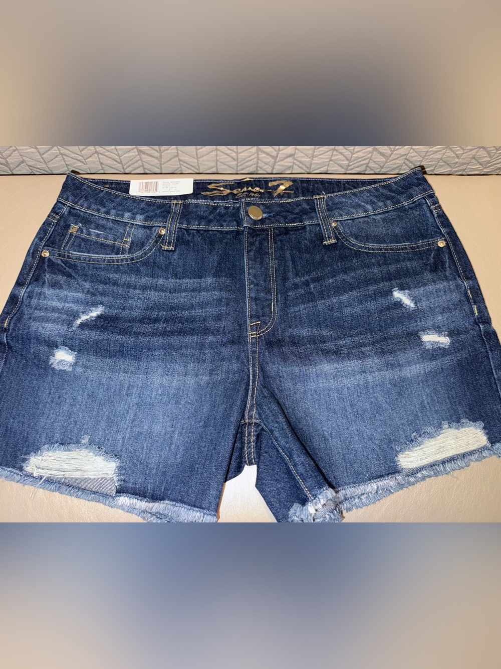 Seven7 Women’s Dark Blue Destressed Denim Weekend Shorts